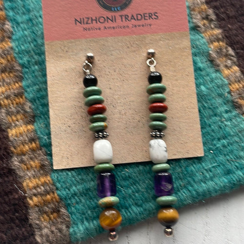 Navajo Sterling Silver And Multi Stone Dangle Beaded Earrings