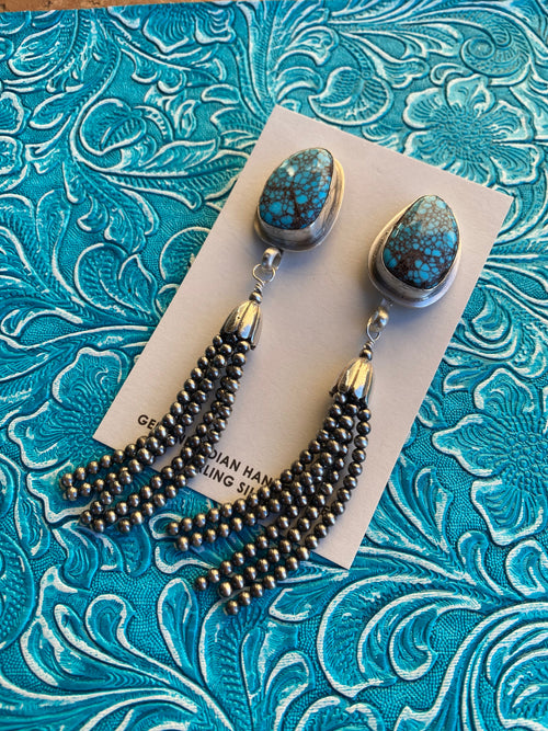 Navajo Steve Yazzie Turquoise & Sterling Silver Pearl Beaded Tassel Dangle Earrings