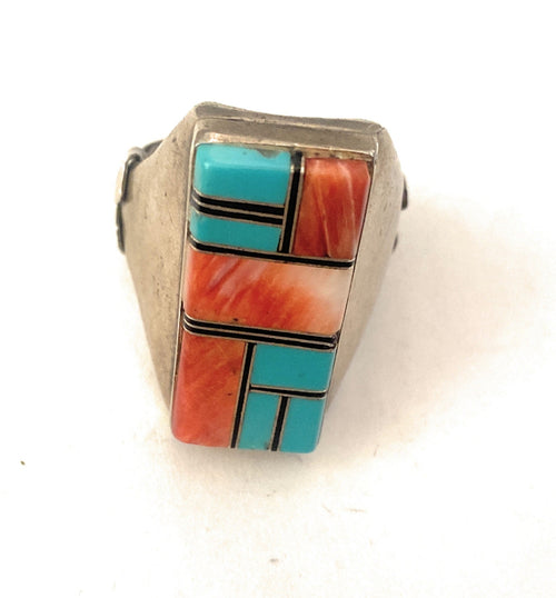 Old Pawn Vintage Handcrafted Sterling Silver, Turquoise & Spiny Inlay Ring Size 11