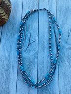 Navajo Turquoise & Sterling Silver Pearl Triple Strand Beaded 20” Necklace