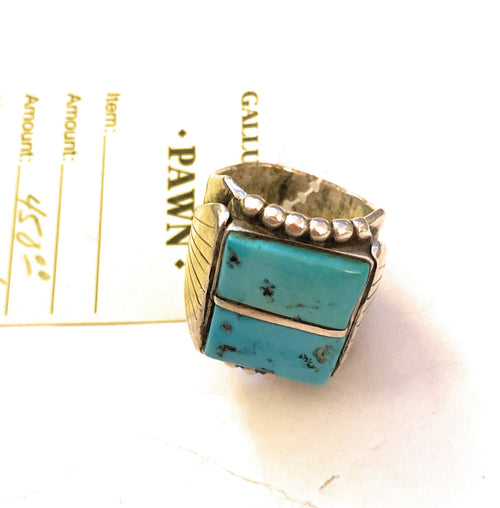 Old Pawn Vintage Handcrafted Sterling Silver & Turquoise Inlay Ring Size 10.5