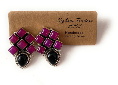 Handmade Pink & Black Onyx Sterling Silver Post Earrings Signed Nizhoni