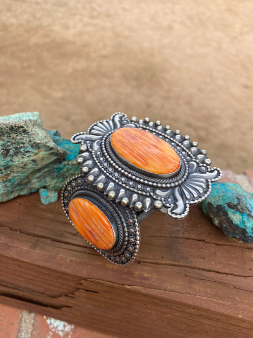 Beautiful Navajo Orange Spiny & Sterling Silver Cuff Bracelet Signed