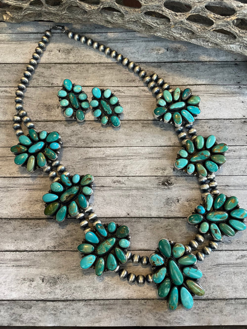 Navajo Beaded Sterling Silver & Royston Turquoise Necklace & Earring Set