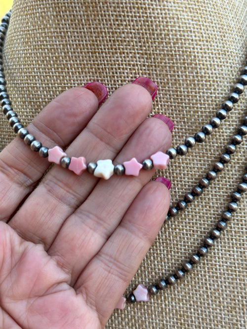 Sterling Silver & Queen Pink Conch Beaded Star Necklace