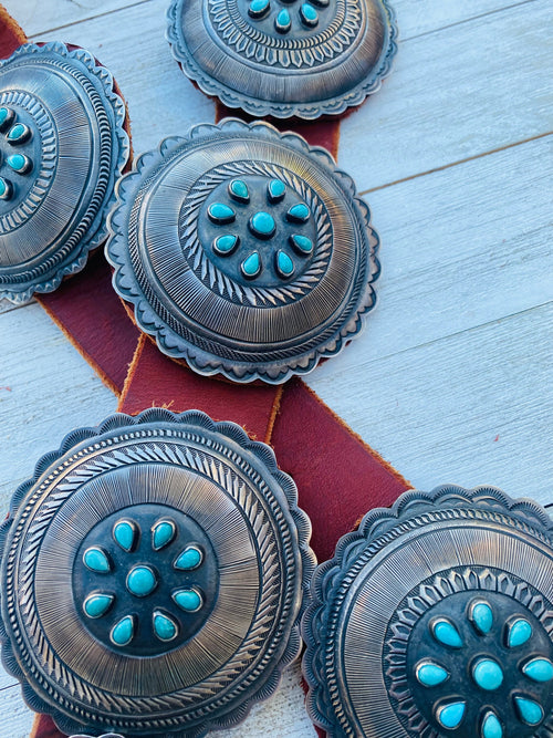Vintage Navajo Brown Leather And Sterling Silver Turquoise Concho Belt