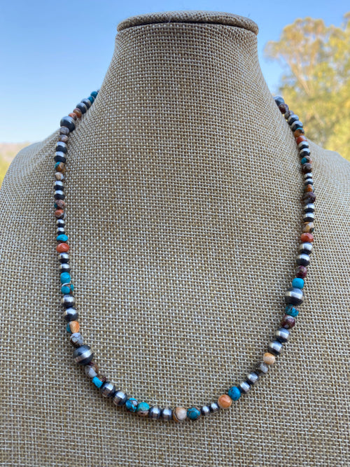 Navajo Turquoise & Spiny Spice Sterling Silver Beaded Necklace 20 inch