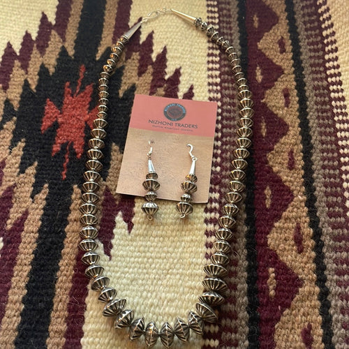 Navajo Sterling Silver Beaded Necklace And Dangle Earring Set