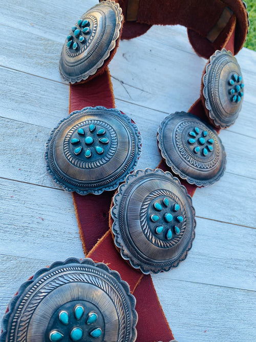 Vintage Navajo Brown Leather And Sterling Silver Turquoise Concho Belt
