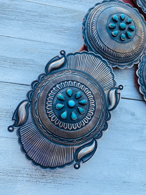 Vintage Navajo Brown Leather And Sterling Silver Turquoise Concho Belt