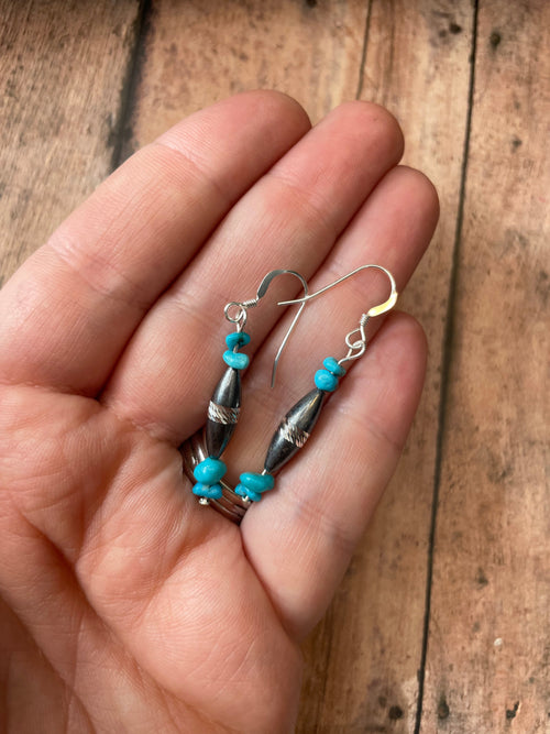 Navajo Sterling Silver Diamond Cut Turquoise  Beaded Earrings