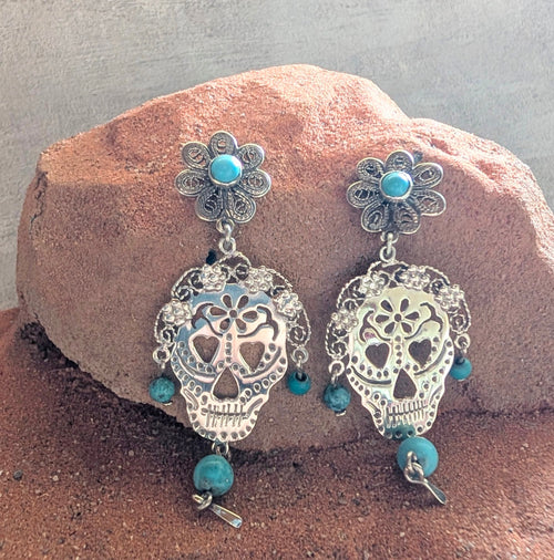 Sterling Silver Beaded Turquoise Floral Sugar Skull Earrings On Post