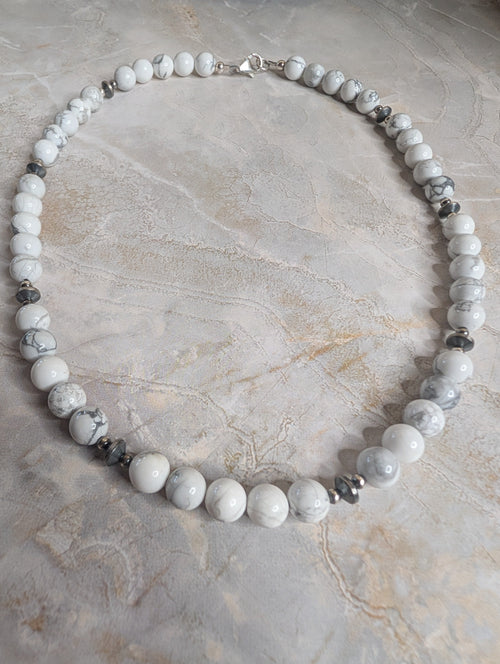 White Howlite Beaded Pearl  Sterling Silver Necklace