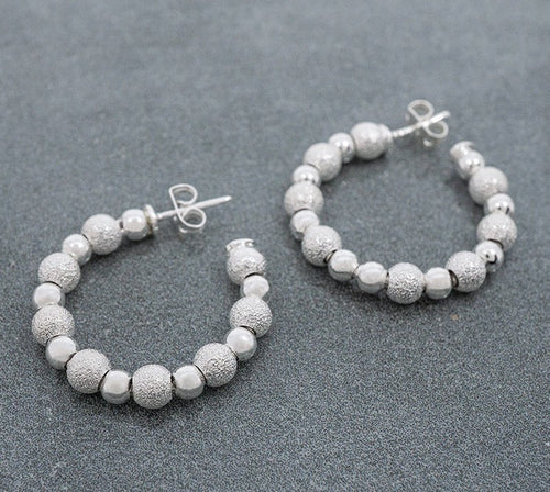 Sterling Silver Alternating Stardust & Liso Beaded Hoop Earrings