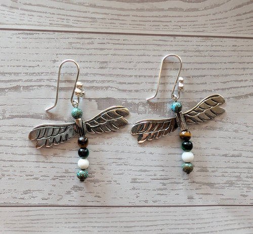 Turquoise & Sterling Silver Multistone  Beaded Bird Earrings On Hook