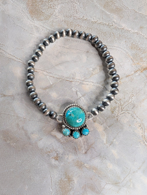 Sterling Silver 4mm Beaded Stretch Bracelet With Kingman Turquoise
