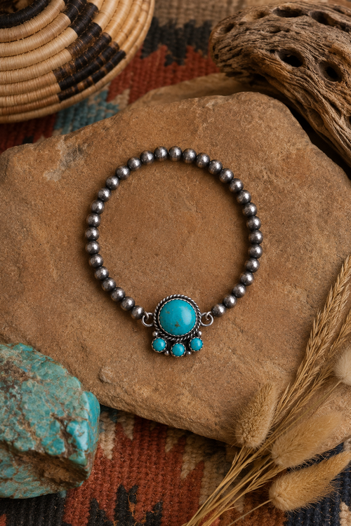 Sterling Silver 4mm Beaded Stretch Bracelet With Kingman Turquoise