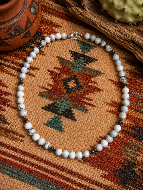 White Howlite Beaded Pearl  Sterling Silver Necklace