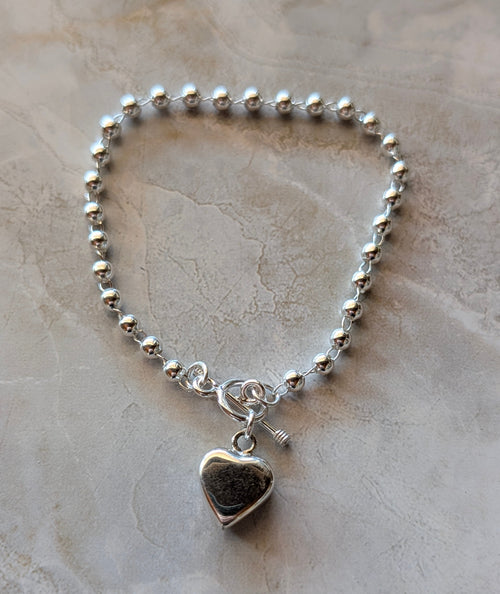 Sterling Silver Beaded Chain Bracelet With Dangling Heart