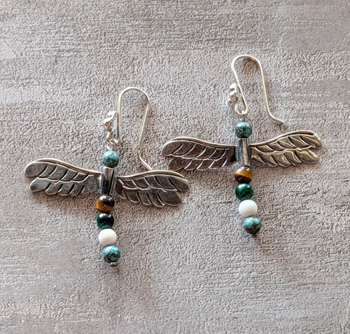 Turquoise & Sterling Silver Multistone  Beaded Bird Earrings On Hook
