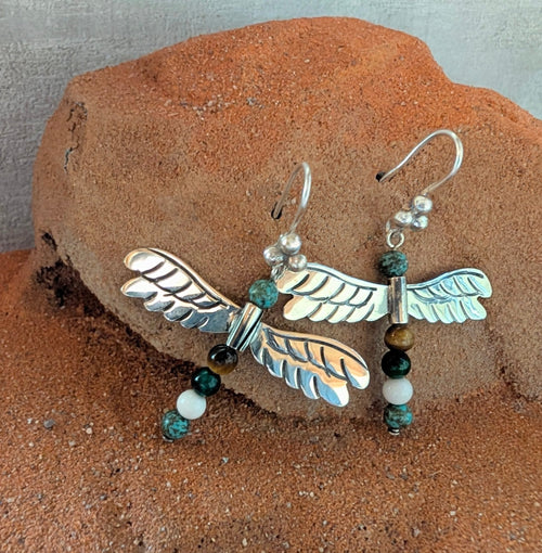 Turquoise & Sterling Silver Multistone  Beaded Bird Earrings On Hook