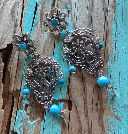 Sterling Silver Beaded Turquoise Floral Sugar Skull Earrings On Post