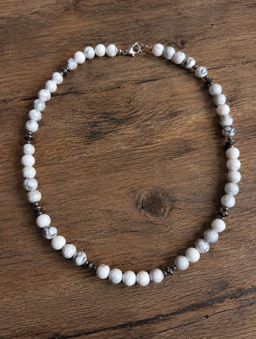 White Howlite Beaded Pearl  Sterling Silver Necklace