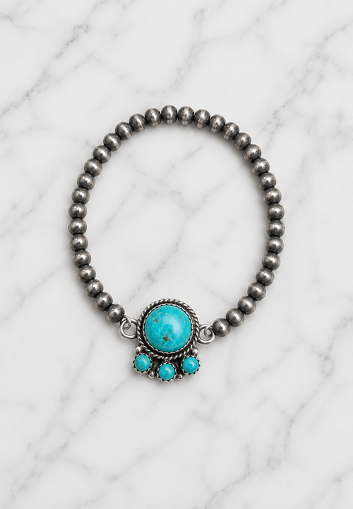 Sterling Silver 4mm Beaded Stretch Bracelet With Kingman Turquoise