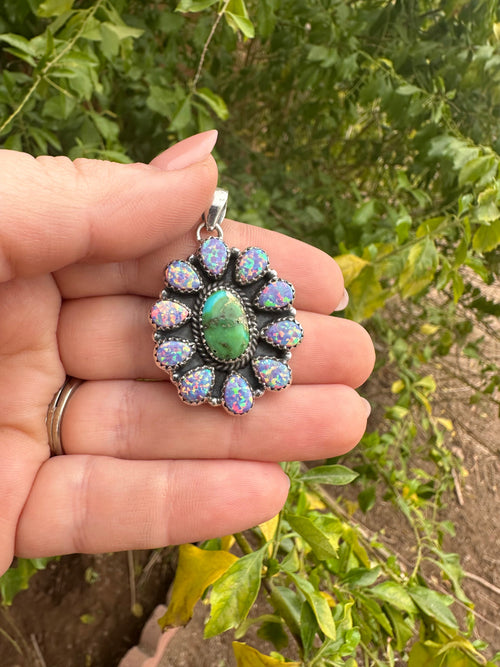 Handmade Sonoran Gold Turquoise, Light Purple Fire Opal & Sterling Silver Pendant Signed Nizhoni