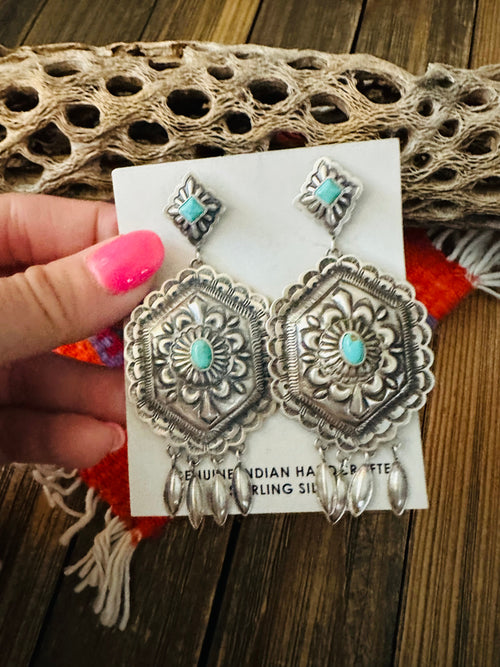 Navajo Sterling Silver & Turquoise Concho Dangle Earrings