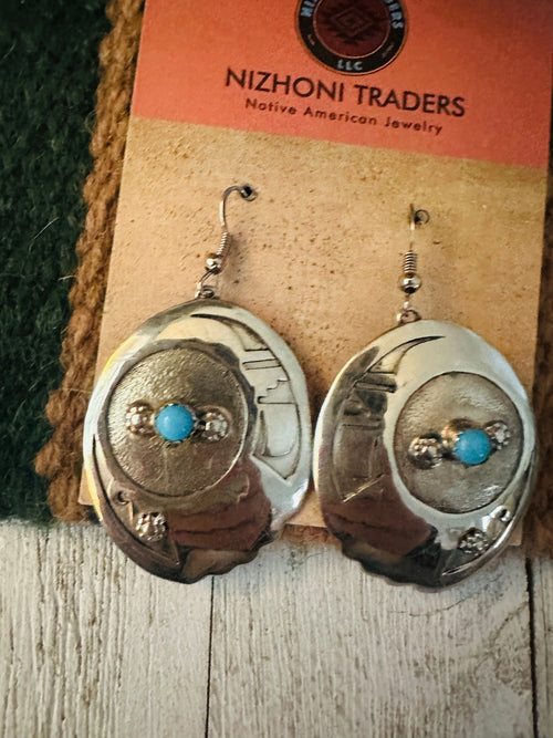 Vintage Old Pawn Navajo Hand Stamped Sterling Silver & Turquoise Dangle Earrings