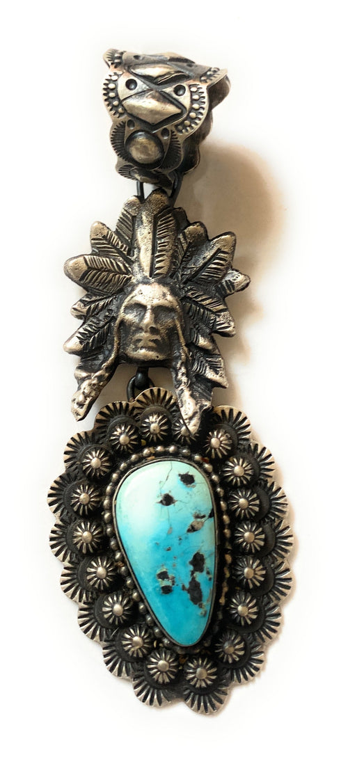 Navajo Sterling Kingman Turquoise & Sterling Silver Indian Chief Pendant