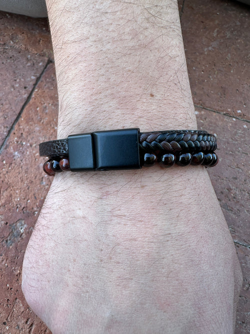 Tigers Eye Beaded Triple Wrap leather and Cross Bracelet