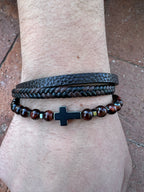 Tigers Eye Beaded Triple Wrap leather and Cross Bracelet