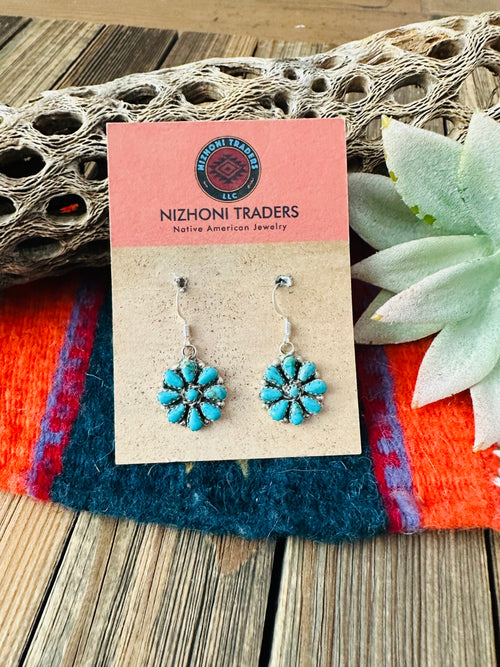 Navajo Sterling Silver & Turquoise Cluster Dangle Earrings