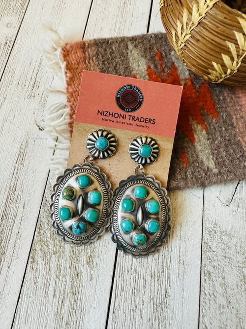 Navajo Sterling Silver & Turquoise Concho Dangle Earrings