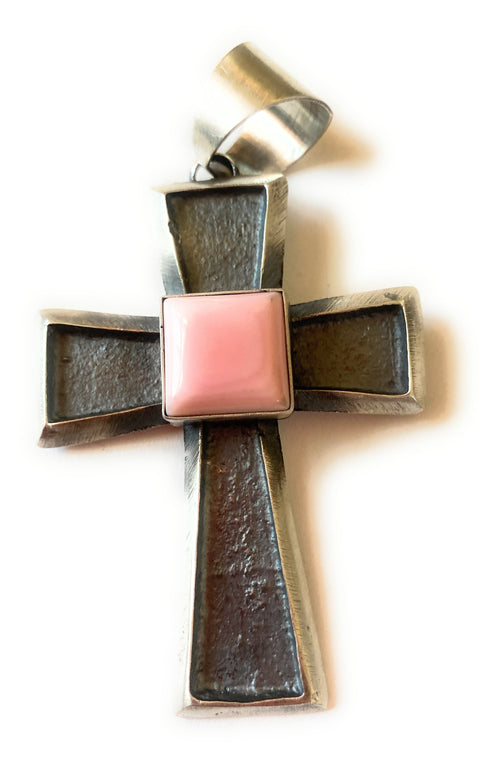 Navajo Queen Pink Conch Shell & Sterling Silver Cross Pendant By Chimney Butte