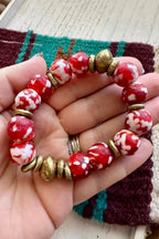 Handmade Recycled Glass Beaded Stretch Bracelet RED & WHITE