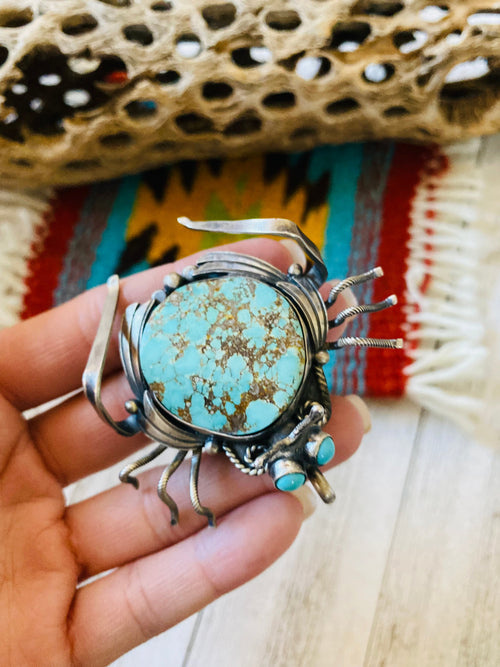 Navajo Sterling Silver & Number 8 Mountain Beetle Turquoise Pendant