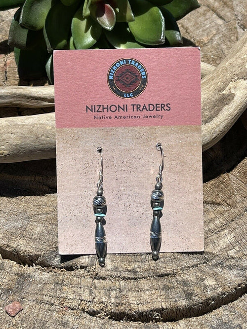 Navajo Diamond Cut Bead Sterling Silver Turquoise Dangle Earrings