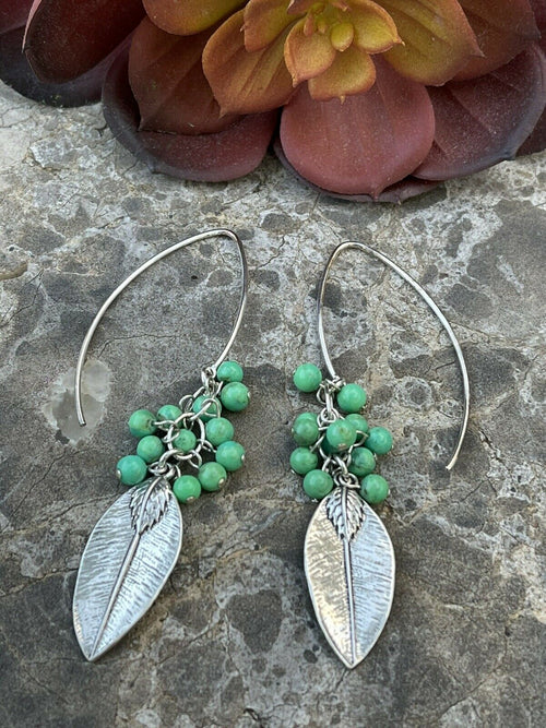 Navajo Sterling Silver & Green Turquoise Bead Leaf Dangle Earrings