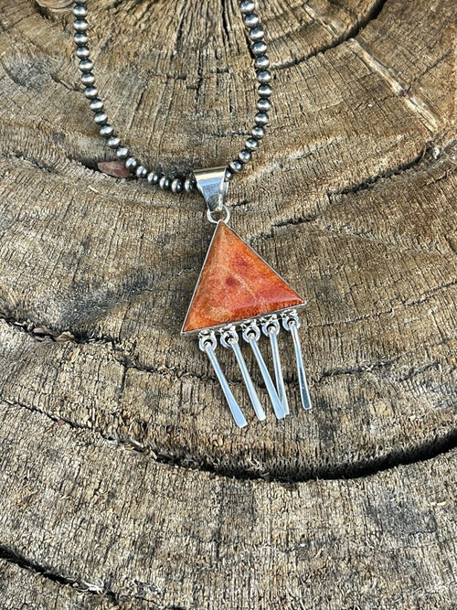 Navajo Sterling Silver Orange Spiny TrIangle Fringe Pendant Signed