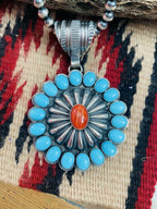 Navajo Sterling Silver, Turquoise & Red Spiny Pendant Signed