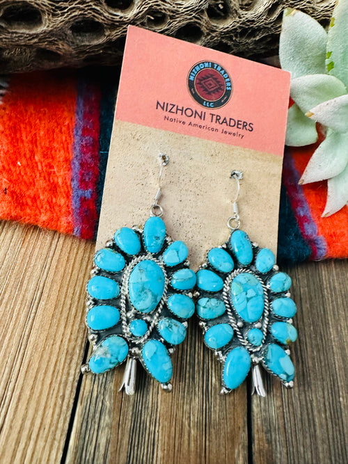 Navajo Sterling Silver & Turquoise Cluster Blossom Dangle Earrings