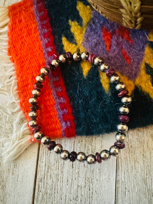 Navajo Purple Spiny & Sterling Silver Beaded Stretch Bracelet