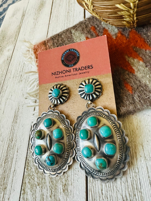 Navajo Sterling Silver & Turquoise Concho Dangle Earrings