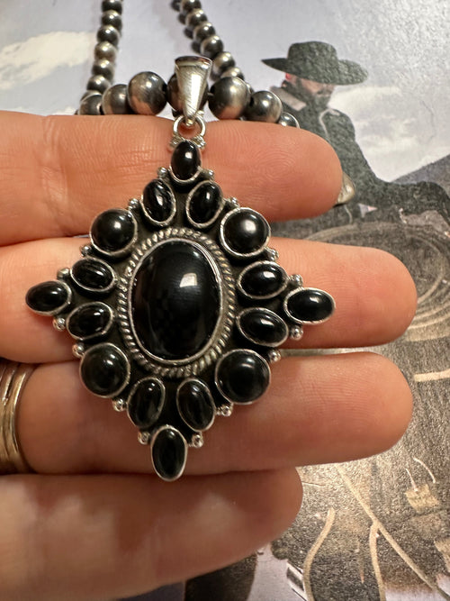 Handmade Onyx & Sterling Silver Pendant Signed Nizhoni