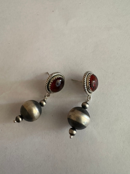 Nizhoni’s Handmade Sterling Silver Ruby Navajo Pearl Style Dangle Earrings