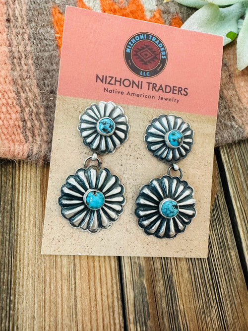 Navajo Sterling Silver & Turquoise Concho Dangle Earrings