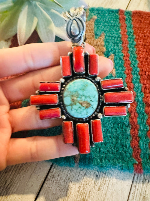 Navajo Coral, Turquoise & Sterling Silver Cross Pendant Signed